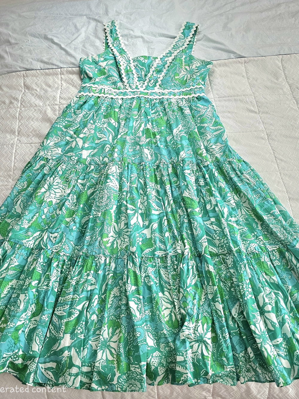 Lilly Pulitzer Turquoise Green Floral Midi Dress with White Trim - Picture 2 of 6
